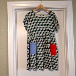 EUC *OOAK* Fashion Brand Company Scrap Mini Shift Linen Dress Geometric …